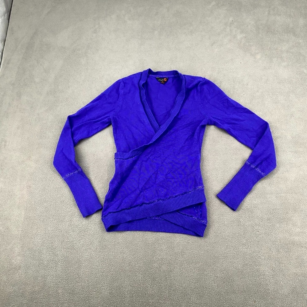 G By Guess Crossover Sweater Womens XS Blue Tight Knit Ribbed Rhinestone V Neck